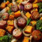 Sheet Pan Sausage and Sweet Potatoes with Honey Garlic Sauce First Image