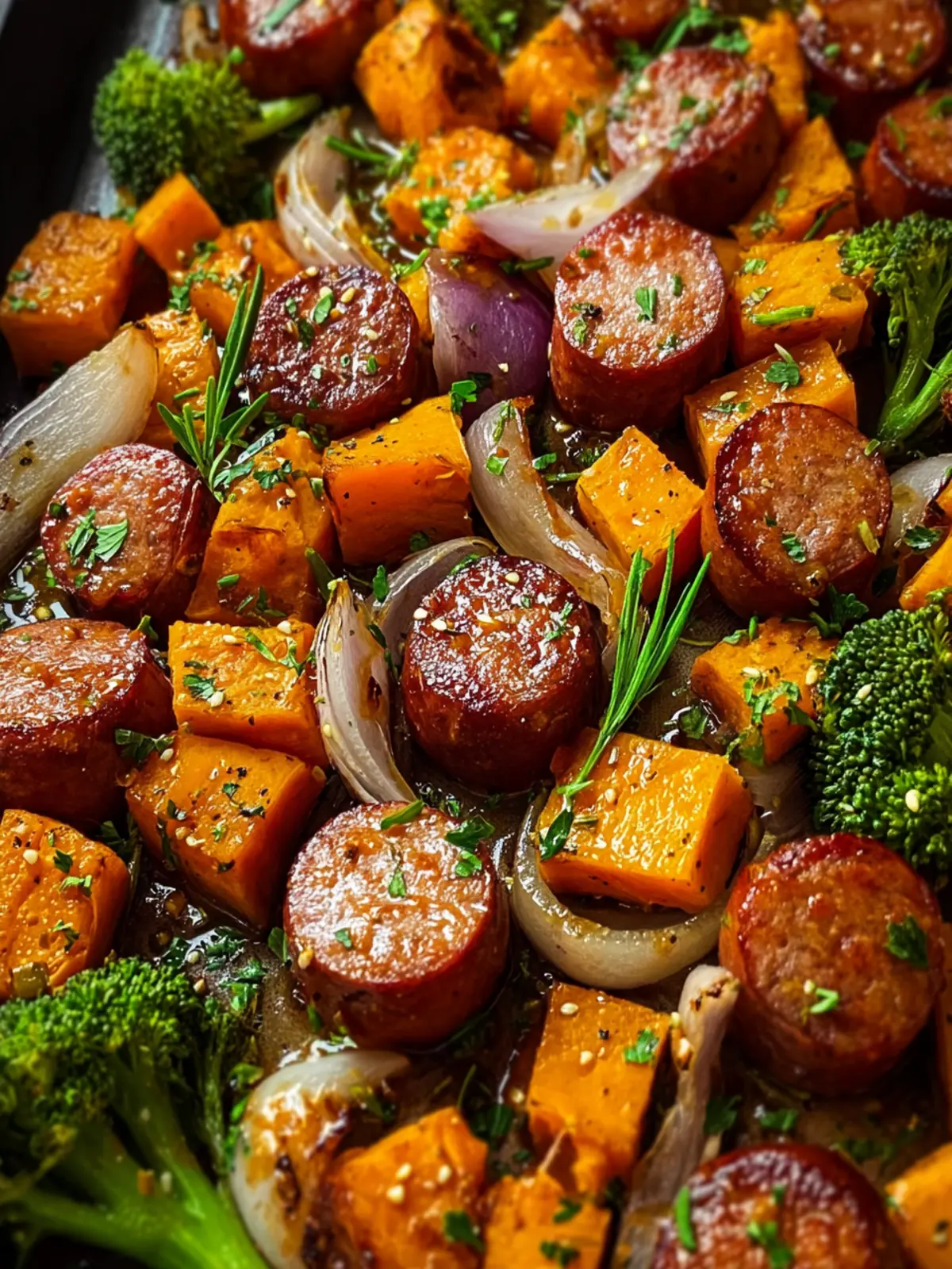 Sheet Pan Sausage and Sweet Potatoes with Honey Garlic Sauce First Image
