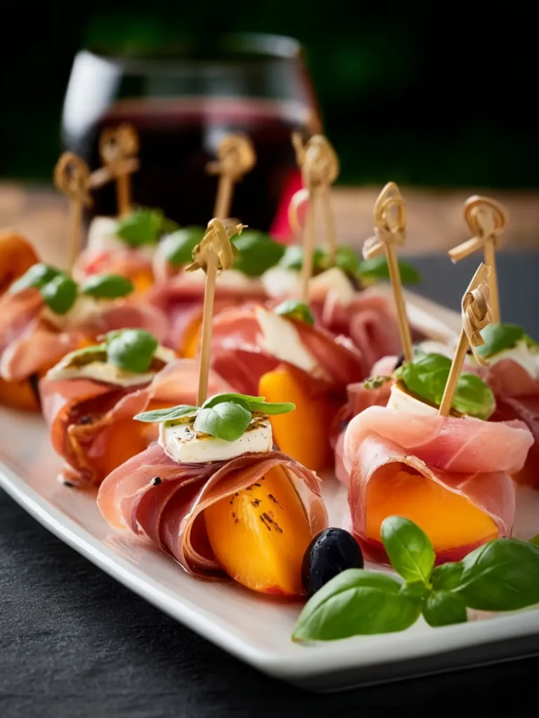 Elegant Prosciutto and Pickled Peach Appetizer Skewers First Image